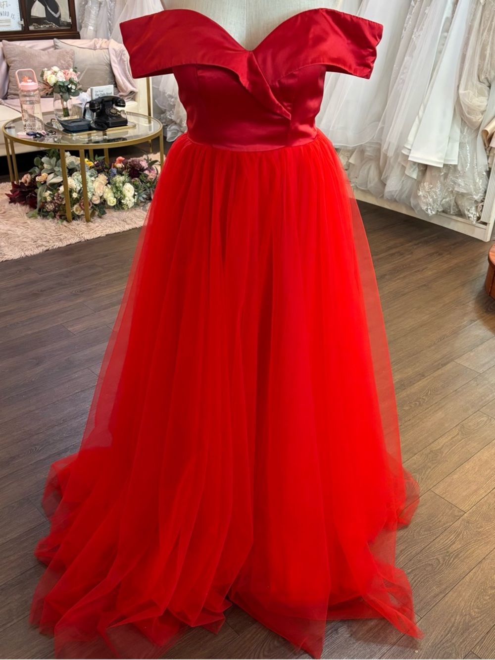 Off-Shoulder Red Tulle Evening Gown